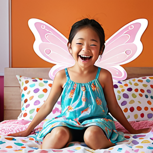 Home 4 **Image Prompt 1: The Magic Unfolds**
A vibrant and cheerful child's bedroom bathed in soft, inviting light. The focal point is a bed adorned with a Secret Jouju themed bedding set. The duvet cover and pillowcases feature brilliantly vivid and saturated colors, with highly detailed, recognizable Secret Jouju fairy characters that appear to have come to life from the screen. A young child, aged 5-7, with a wide, radiant smile, is excitedly hugging the soft duvet, their face glowing with pure joy and wonder, perfectly capturing the immediate positive impression of the design. The room feels whimsical and full of happy energy.