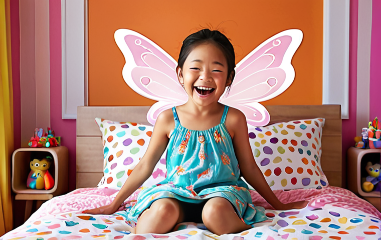 **Image Prompt 1: The Magic Unfolds**
    A vibrant and cheerful child's bedroom bathed in soft, inviting light. The focal point is a bed adorned with a Secret Jouju themed bedding set. The duvet cover and pillowcases feature brilliantly vivid and saturated colors, with highly detailed, recognizable Secret Jouju fairy characters that appear to have come to life from the screen. A young child, aged 5-7, with a wide, radiant smile, is excitedly hugging the soft duvet, their face glowing with pure joy and wonder, perfectly capturing the immediate positive impression of the design. The room feels whimsical and full of happy energy.